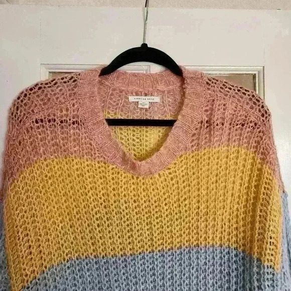 American Eagle Women's Knit Chunky Multicolored Striped Wool Fall Sweater Large - Picture 5 of 11